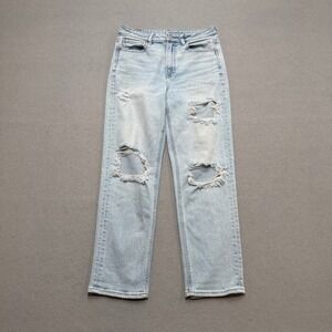 Y2K American Eagle Jeans Women's 8 Light Wash Straight Leg High Rise Distressed